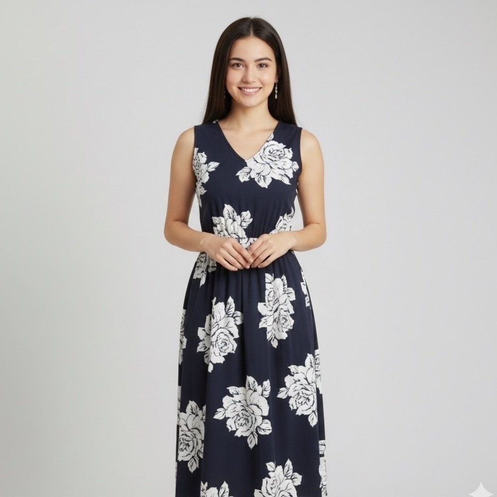 Japna Womens Size Small Maxi Dress Navy Blue Floral Maxi Sleeveless Casual Boho